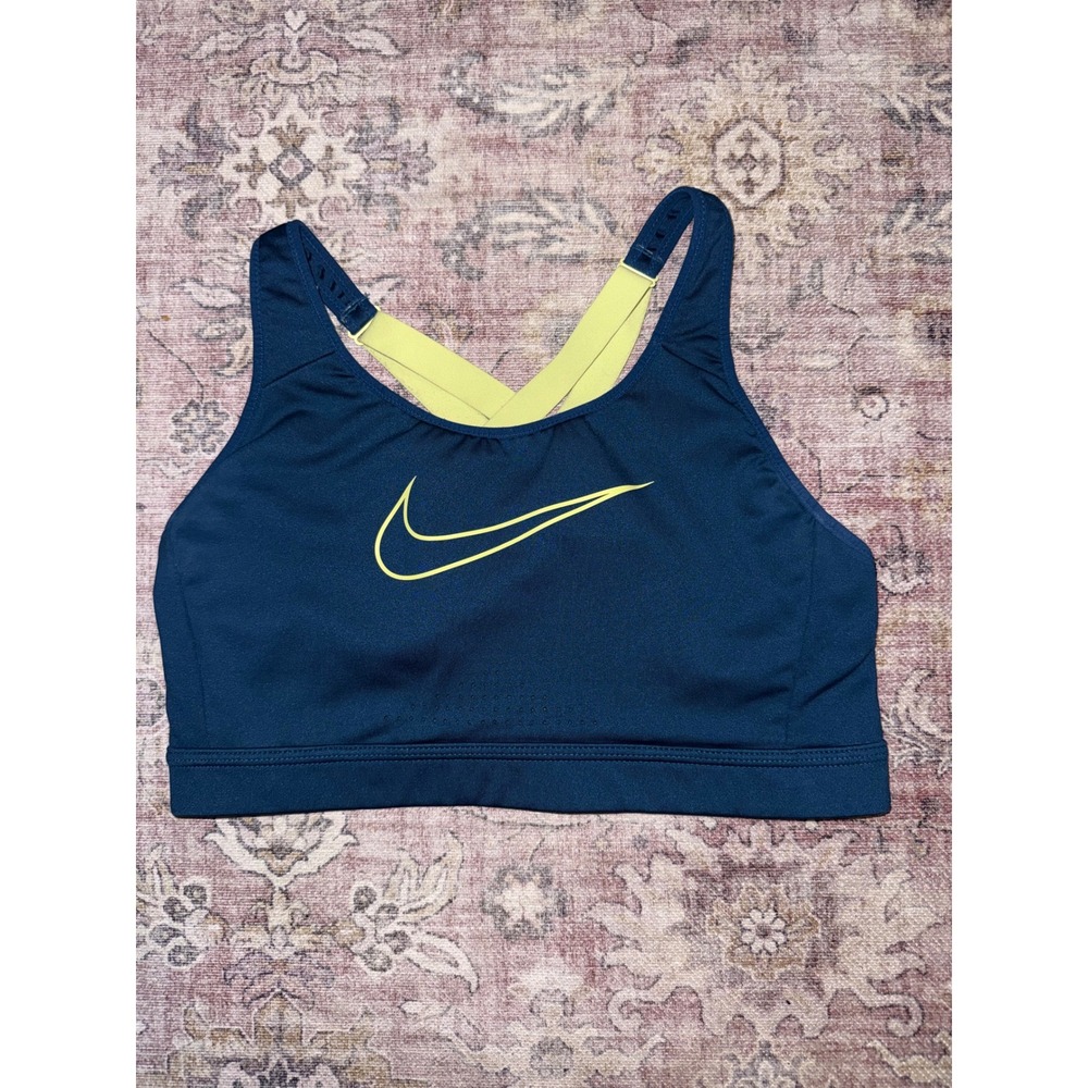 Nike Womens Dri-FIT Sports Bra Blue Yellow Swoosh Strappy‎ Crisscross Back Large